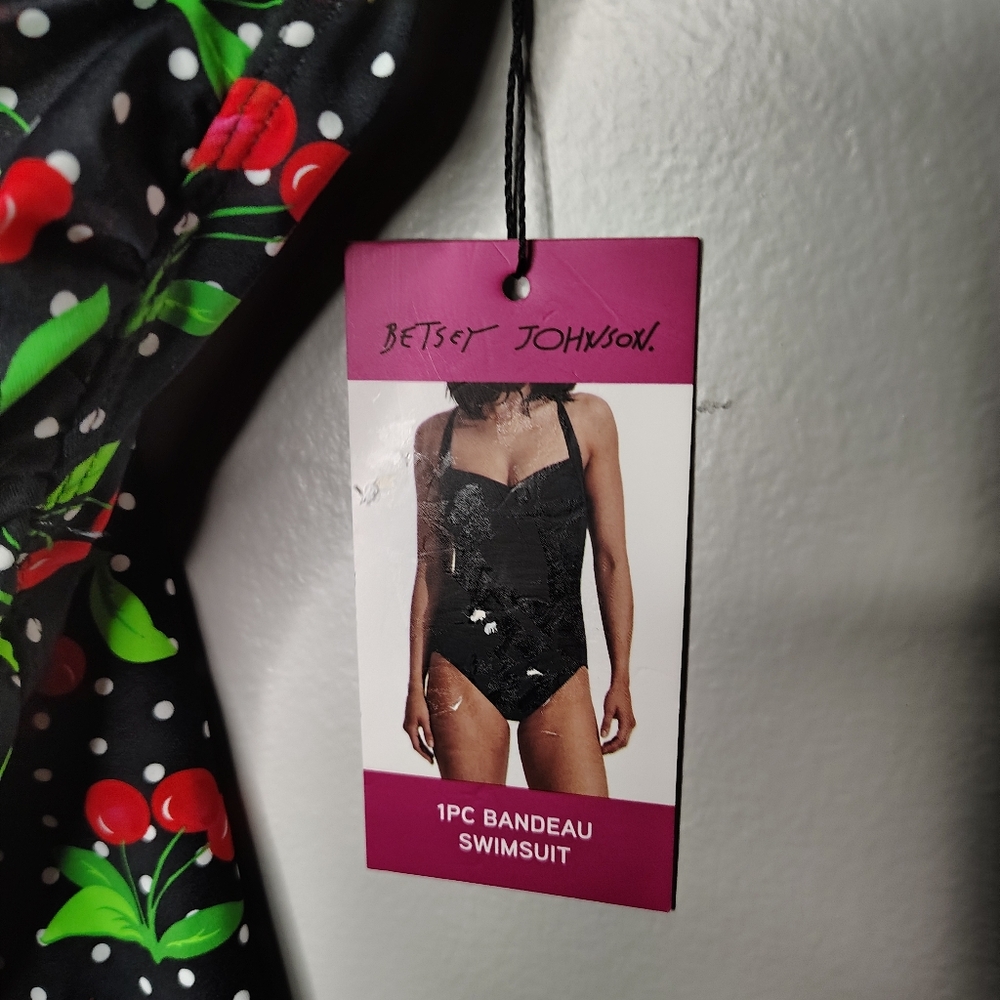 Betsy Johnson Black Sweetheart Cherry Ruched One-Piece Swimsuit Womens XL NWT - Picture 3 of 11